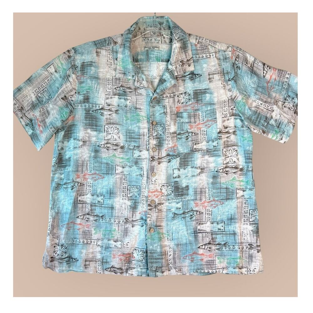 Batik Bay Vintage Mens XL Silk Short Sleeve Button Up Hawaiian Shirt Fish Print